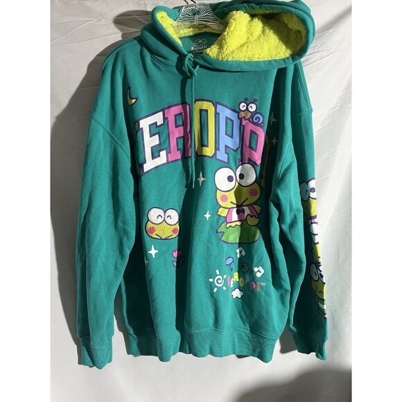 Sanrio Keroppi Pullover Sweatshirt Hoodie XXL Fuzzy Lined Frog Kidcore - Picture 1 of 7
